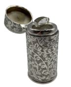 Edwardian silver cylindrical scent flask engraved with scrolls and trailing leaves