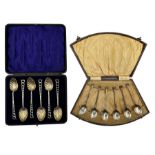 Set of six silver coffee spoons with gilded shell shape bowls and open twist stems Chester 1898 Make