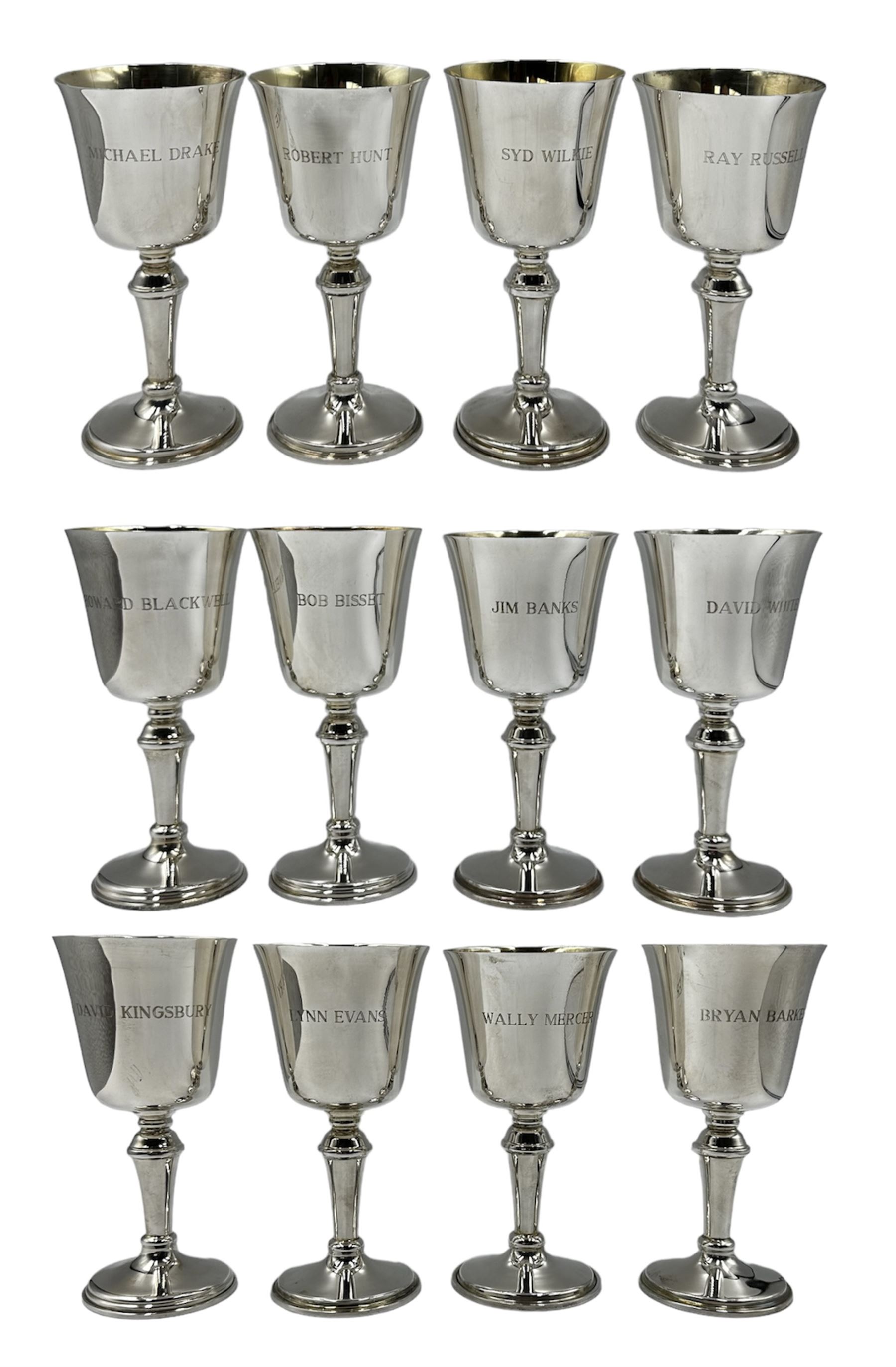 Set of twelve silver goblets with gilded interiors