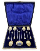 Set of six silver coffee spoons with gilded shell shape bowls