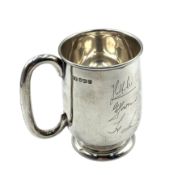 Silver christening mug engraved with initials and loop handle H10cm Sheffield 1959 Maker Viners Ltd