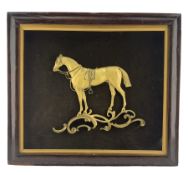 Victorian gilt metal plaque of a saddled horse on fabric background