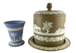 Victorian Wedgwood style Jasperware cheese dome with applied Hunting scene decoration against a brow