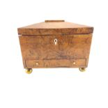 19th century burr elm sewing box of sarcophagus design with single drawer