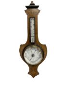 Edwardian mahogany inlaid aneroid barometer c1905 - with a mercury thermometer recording the temper