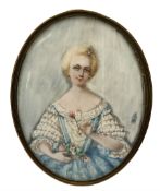 Late 19th/early 20th century oval miniature half length portrait on ivory of a lady holding a flower