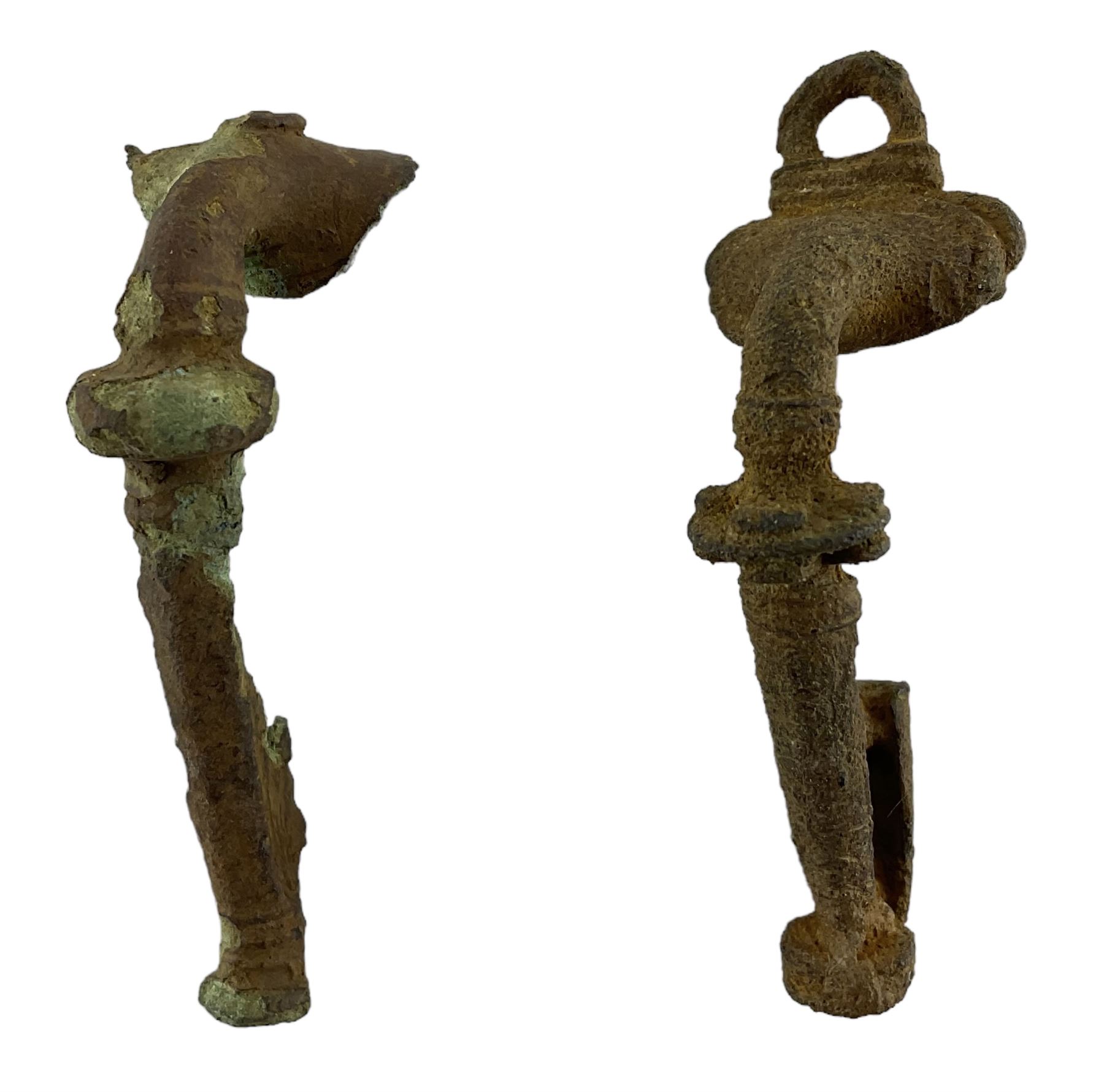 Roman British - two large Roman copper alloy trumpet brooches decorated with headstud - Image 2 of 3