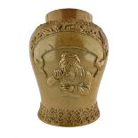 19th century stoneware snuff jar with relief decoration of Martha Gunn