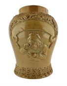 19th century stoneware snuff jar with relief decoration of Martha Gunn