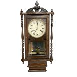 New Haven - American parquetry inlaid 8-day wall clock with a carved pediment