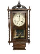New Haven - American parquetry inlaid 8-day wall clock with a carved pediment