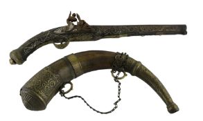 North African Atlas mountains flintlock pistol inset with cut brass decoration with brass pommel and