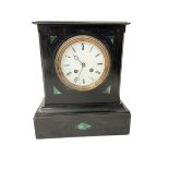 French - 8-day slate mantle clock in a Belgium slate case inlaid with malachite