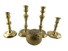 Pair of 18th century brass candlesticks with tapering knopped stem and octagonal bases H20cm