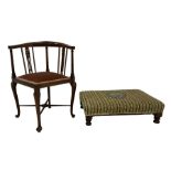 Edwardian inlaid mahogany corner chair (W57cm H72cm); and early 20th century footstool