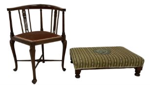 Edwardian inlaid mahogany corner chair (W57cm H72cm); and early 20th century footstool