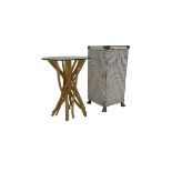 Glass top occasional table with rustic driftwood style base (H51cm); and Lloyd Loom style rattan box