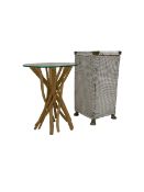 Glass top occasional table with rustic driftwood style base (H51cm); and Lloyd Loom style rattan box