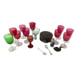 Various wine glasses with coloured glass bowls