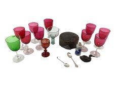 Various wine glasses with coloured glass bowls