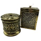 Embossed brass string box and embossed brass tea caddy