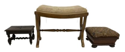 Regency design stool; small carved hardwood stool with spiral turned supports