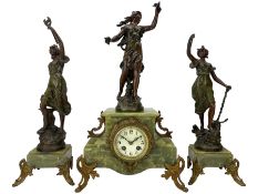 French - late 19th century green onyx 8-day clock garniture