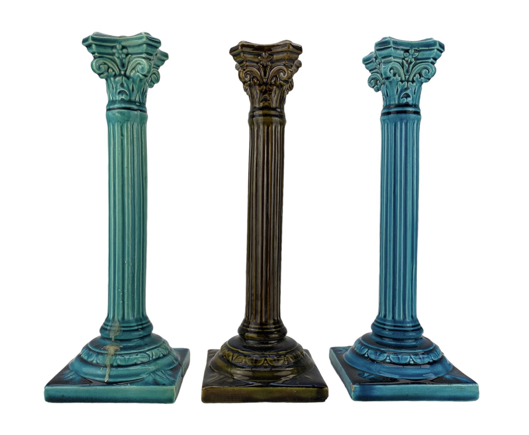 Pair of Burmantofts turquoise-glaze corinthian column candlesticks - Image 2 of 6