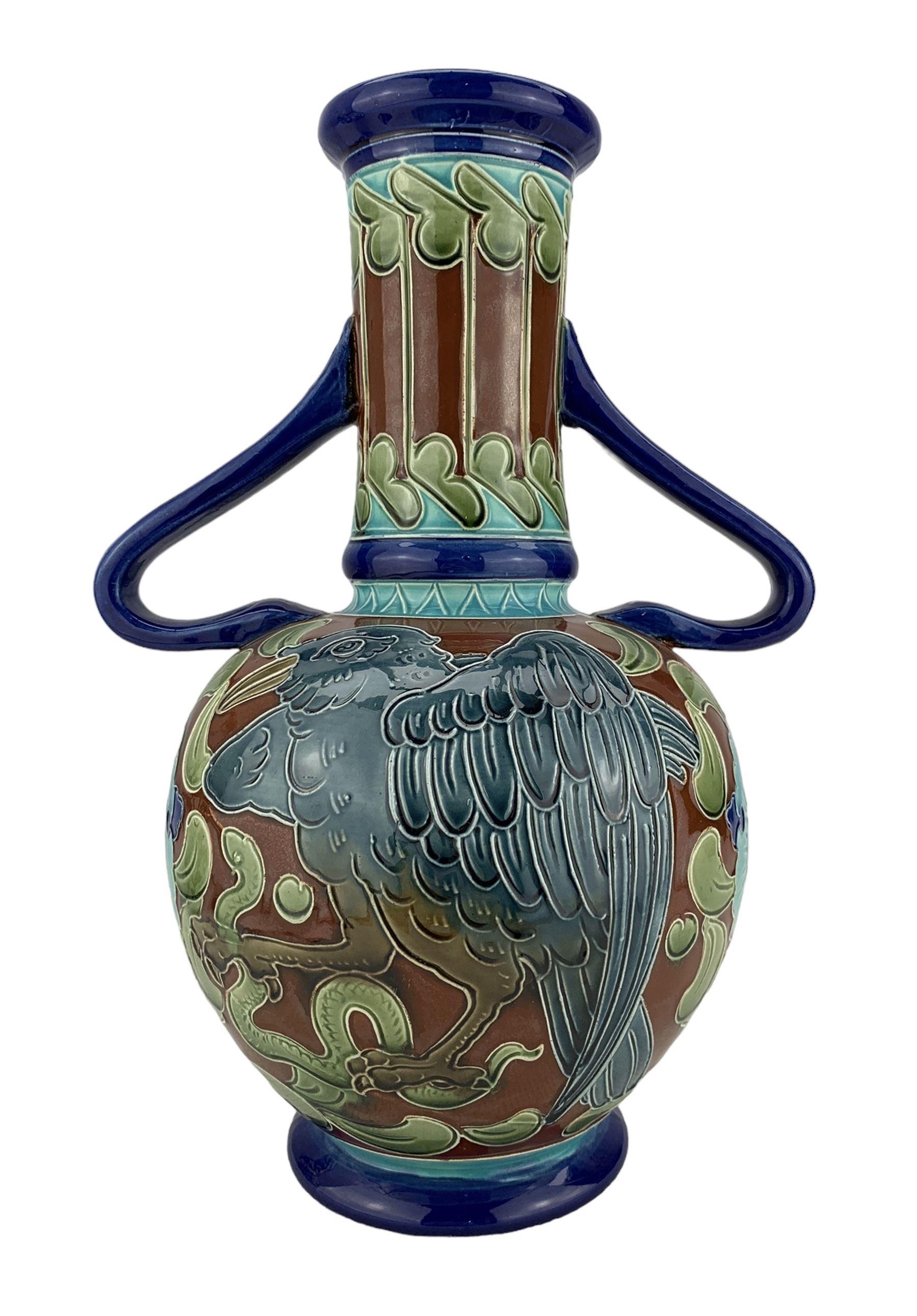 Burmantofts Faience partie-colour twin-handled vase - Image 3 of 6