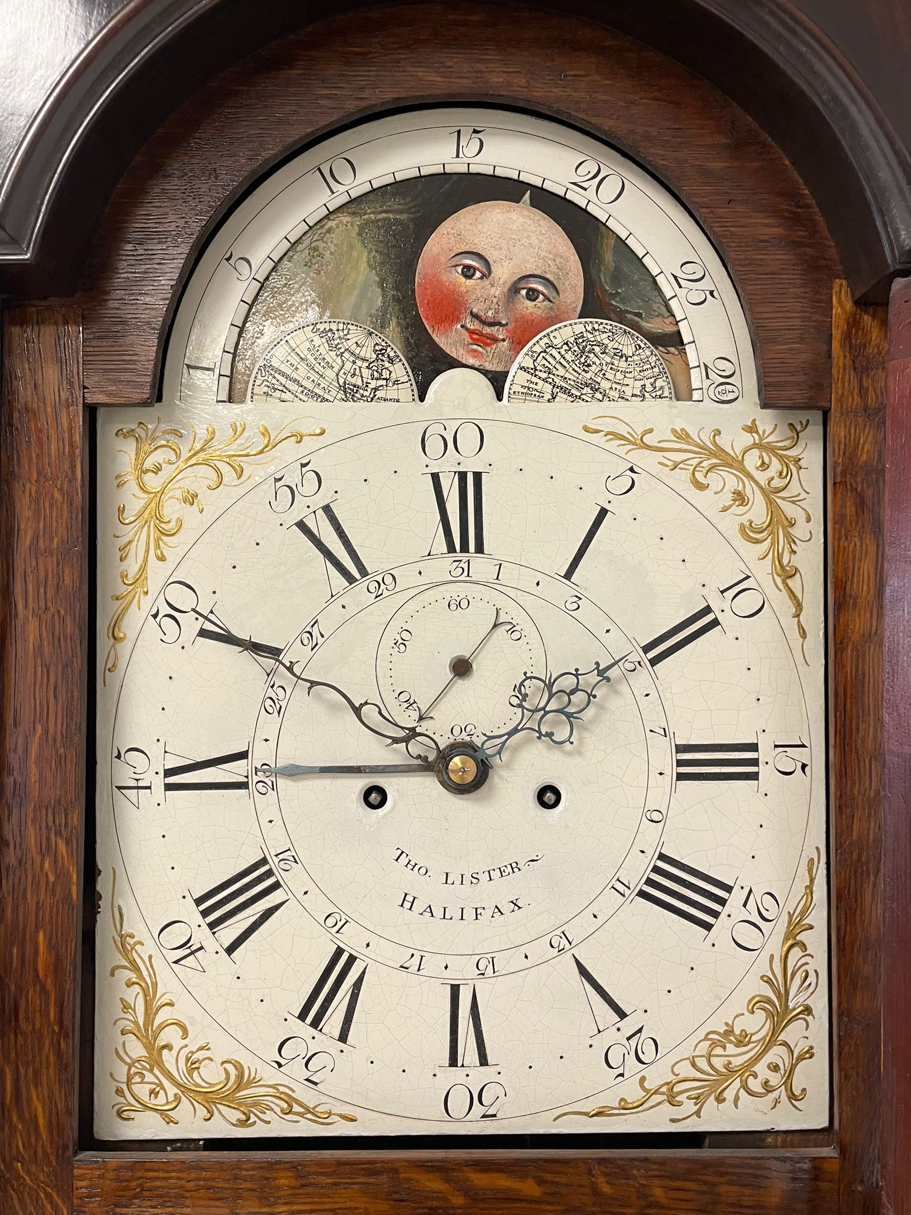 Thomas Lister of Halifax - late 18th century solid mahogany 8-day longcase with painted moon roller - Image 5 of 14