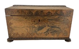 Mid Victorian rosewood and burr walnut marquetry inlaid tea caddy