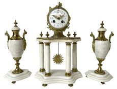 French - Early 20th century white marble and gilt-metal striking portico mantel clock and garniture