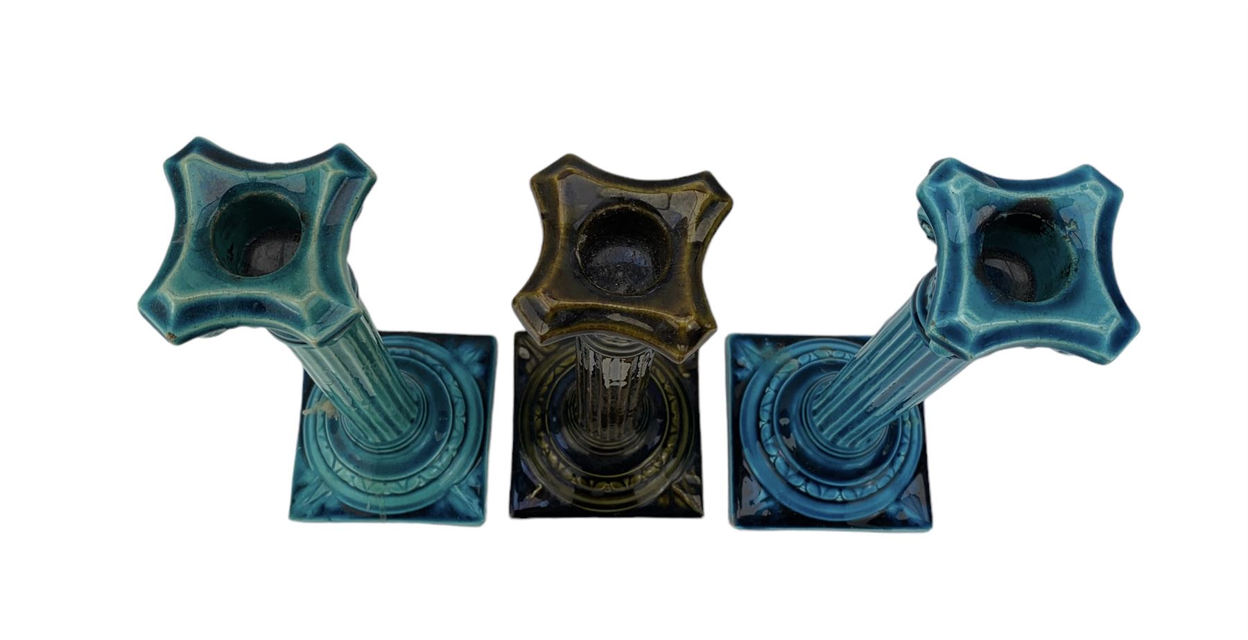 Pair of Burmantofts turquoise-glaze corinthian column candlesticks - Image 3 of 6