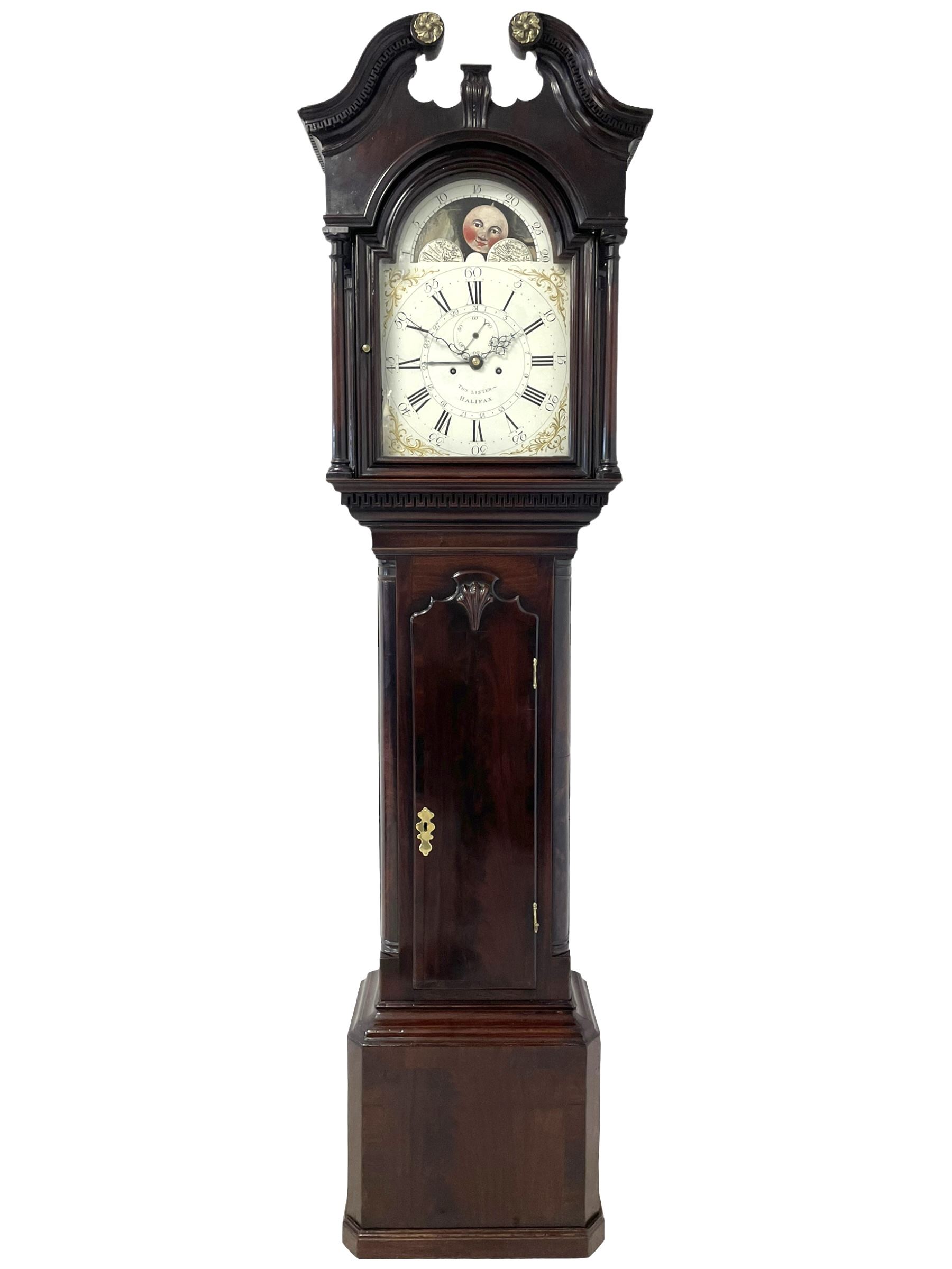 Thomas Lister of Halifax - late 18th century solid mahogany 8-day longcase with painted moon roller