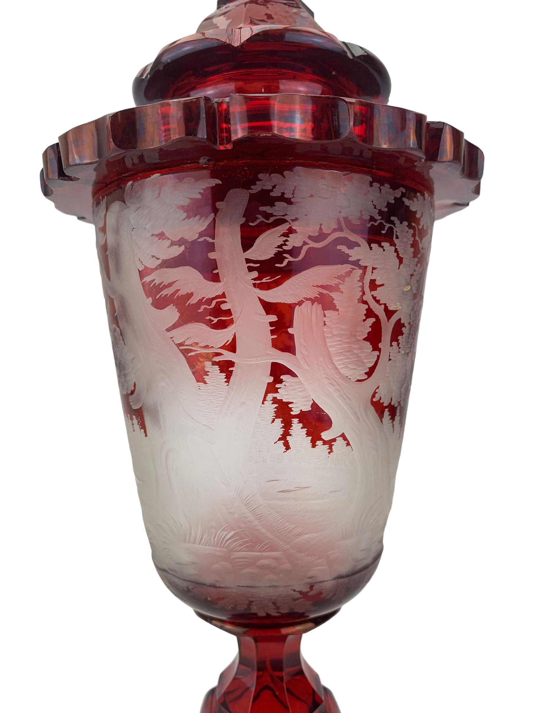 19th century Bohemian ruby overlay glass goblet vase and cover - Image 3 of 8