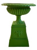 20th century green painted cast iron urn on stand