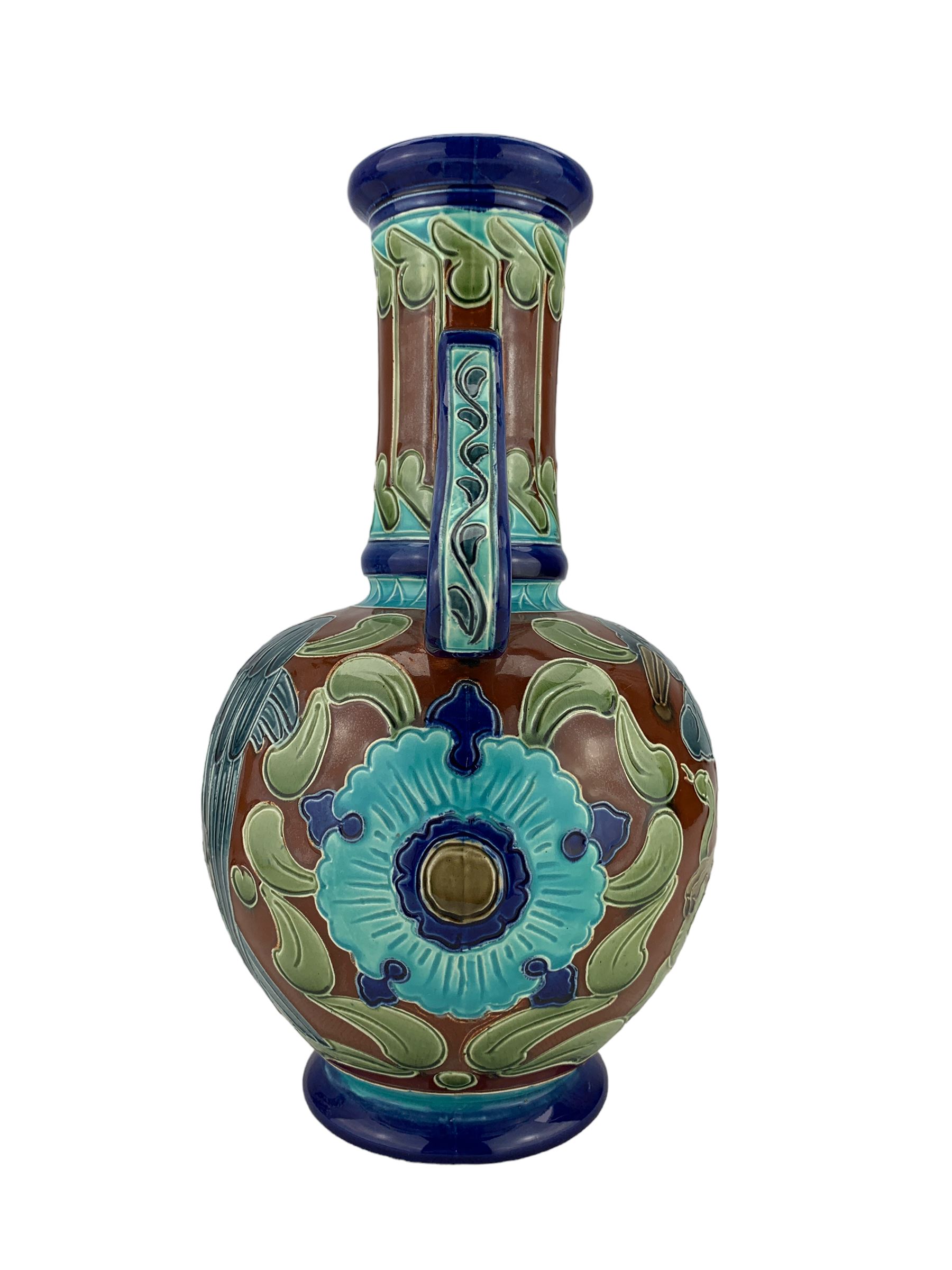 Burmantofts Faience partie-colour twin-handled vase - Image 2 of 6