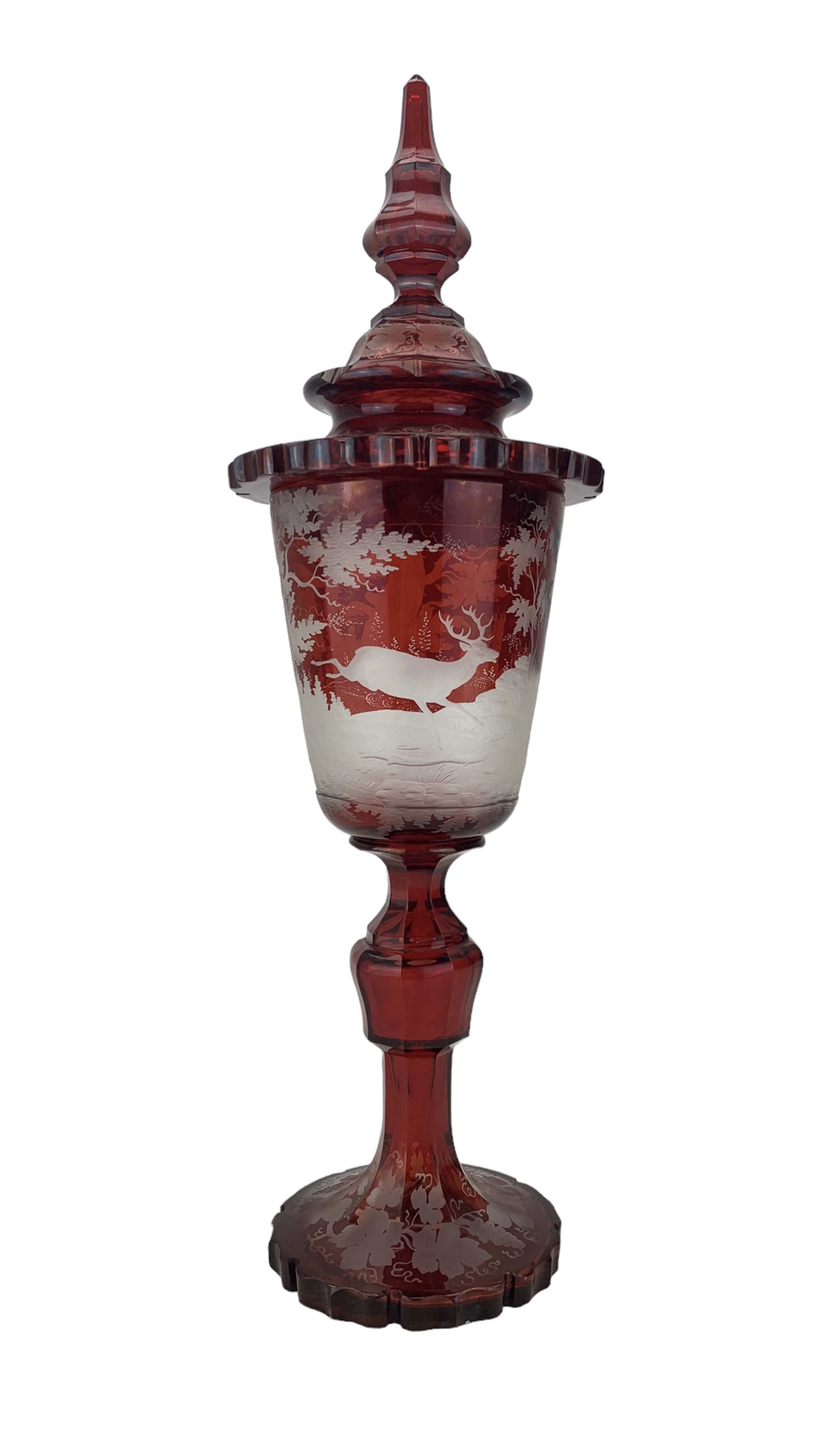 19th century Bohemian ruby overlay glass goblet vase and cover