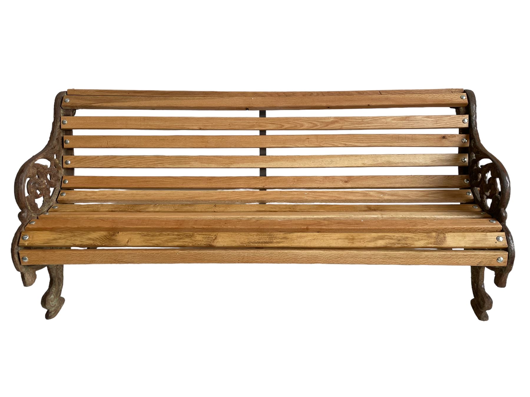 Victorian cast iron and oak slatted garden bench - Image 4 of 11