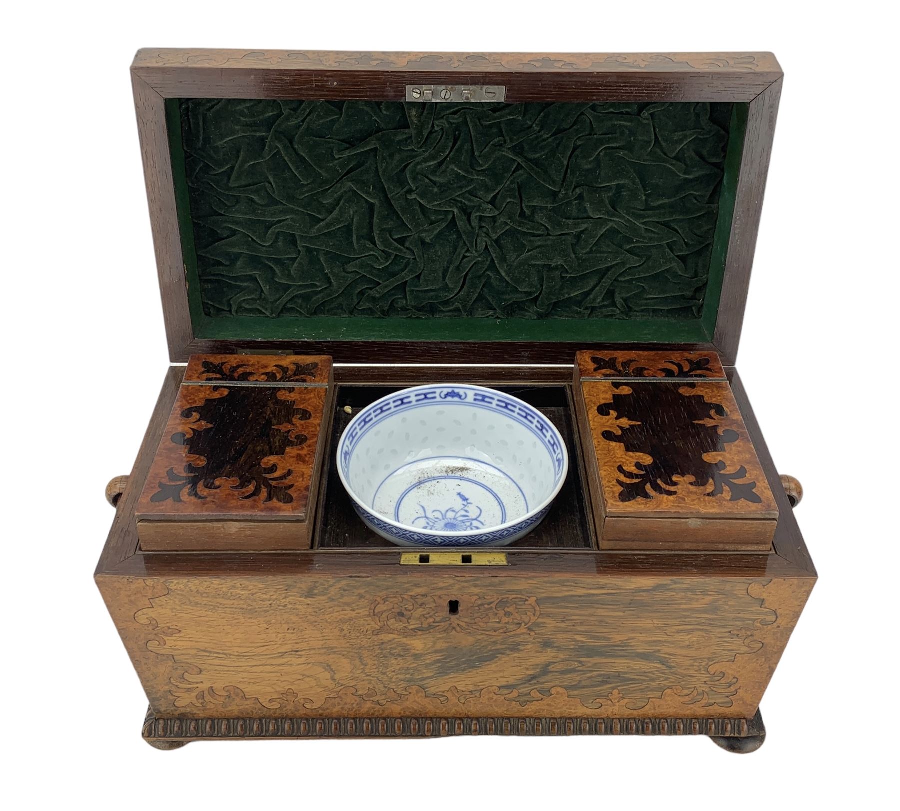 Mid Victorian rosewood and burr walnut marquetry inlaid tea caddy - Image 4 of 4