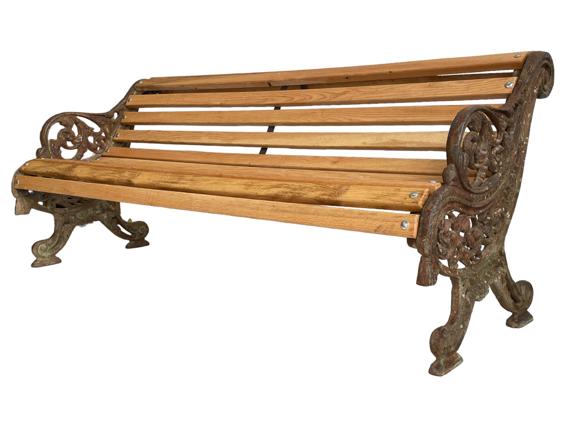 Victorian cast iron and oak slatted garden bench - Image 10 of 11