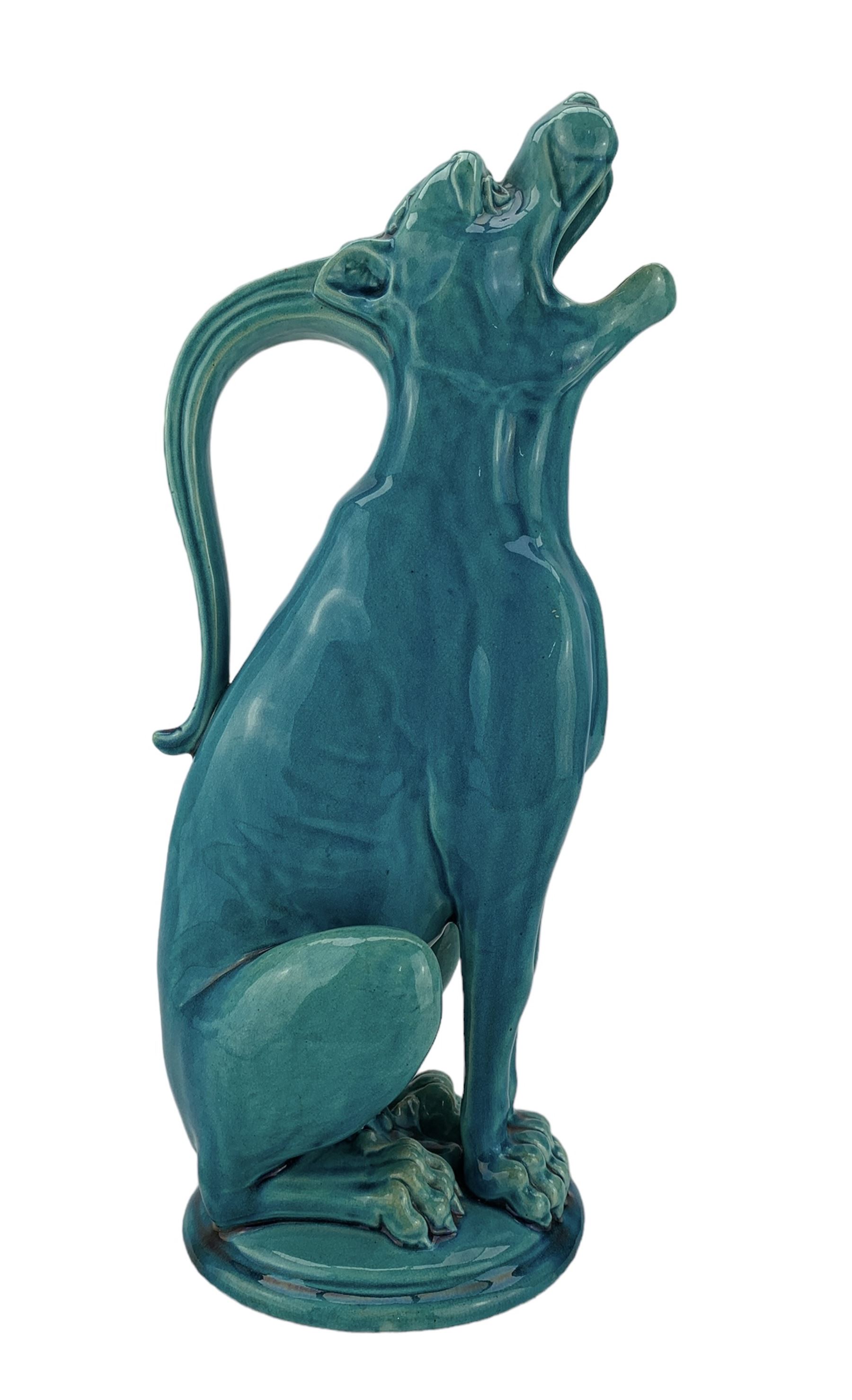 Burmantofts Faience turquoise-glaze ewer modelled as a grotesque hound - Image 3 of 6