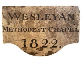 19th century carved red sandstone wall mounted plaque inscribed 'Wesleyan Methodest Chapel 1822'