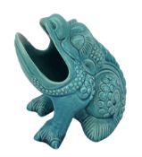 Burmantofts Faience turquoise-glaze spoon warmer modelled as a grotesque seated toad