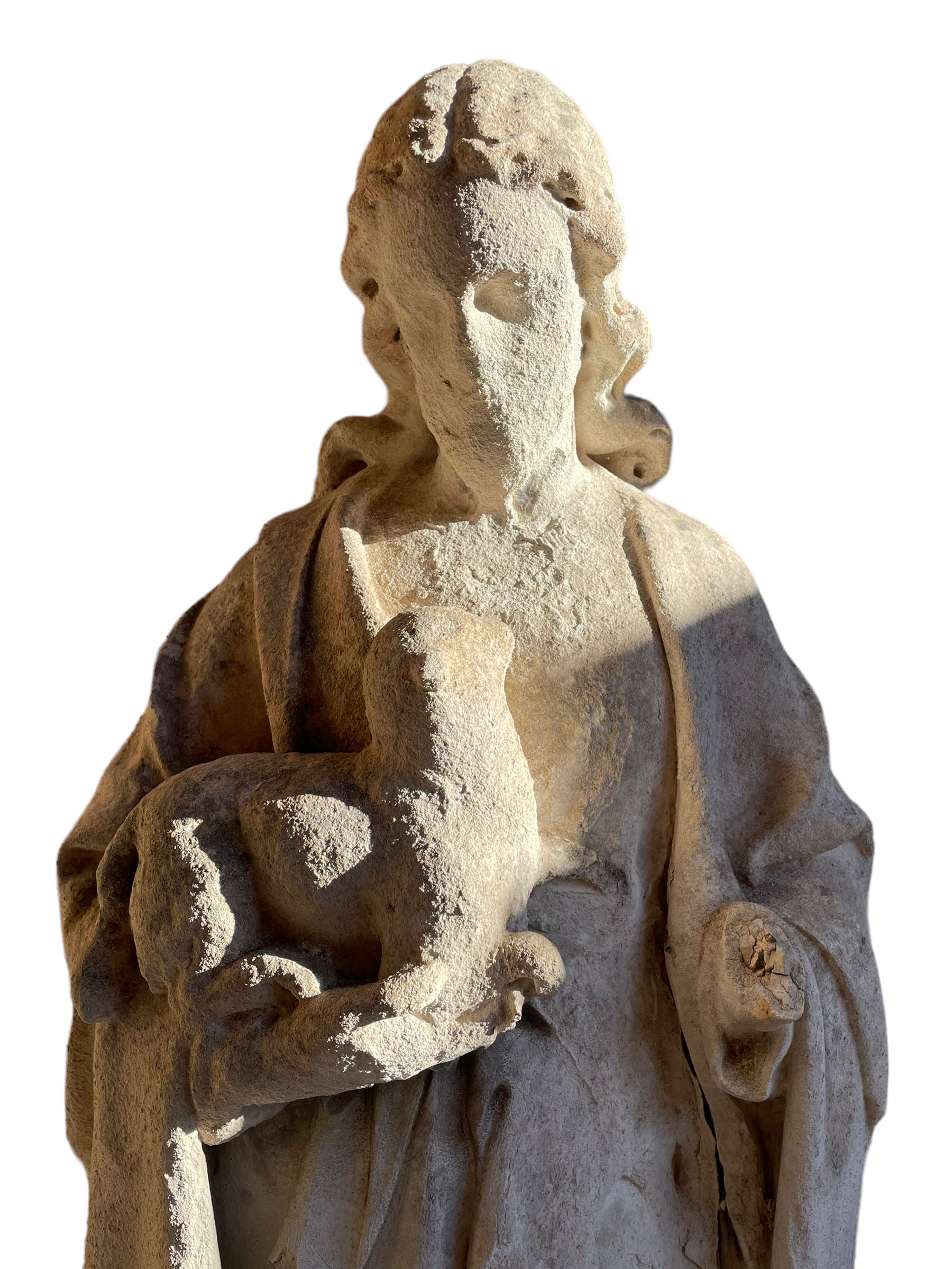 19th century weathered carved sandstone figure of Jesus Christ depicted as the Good Shepherd - Image 2 of 7