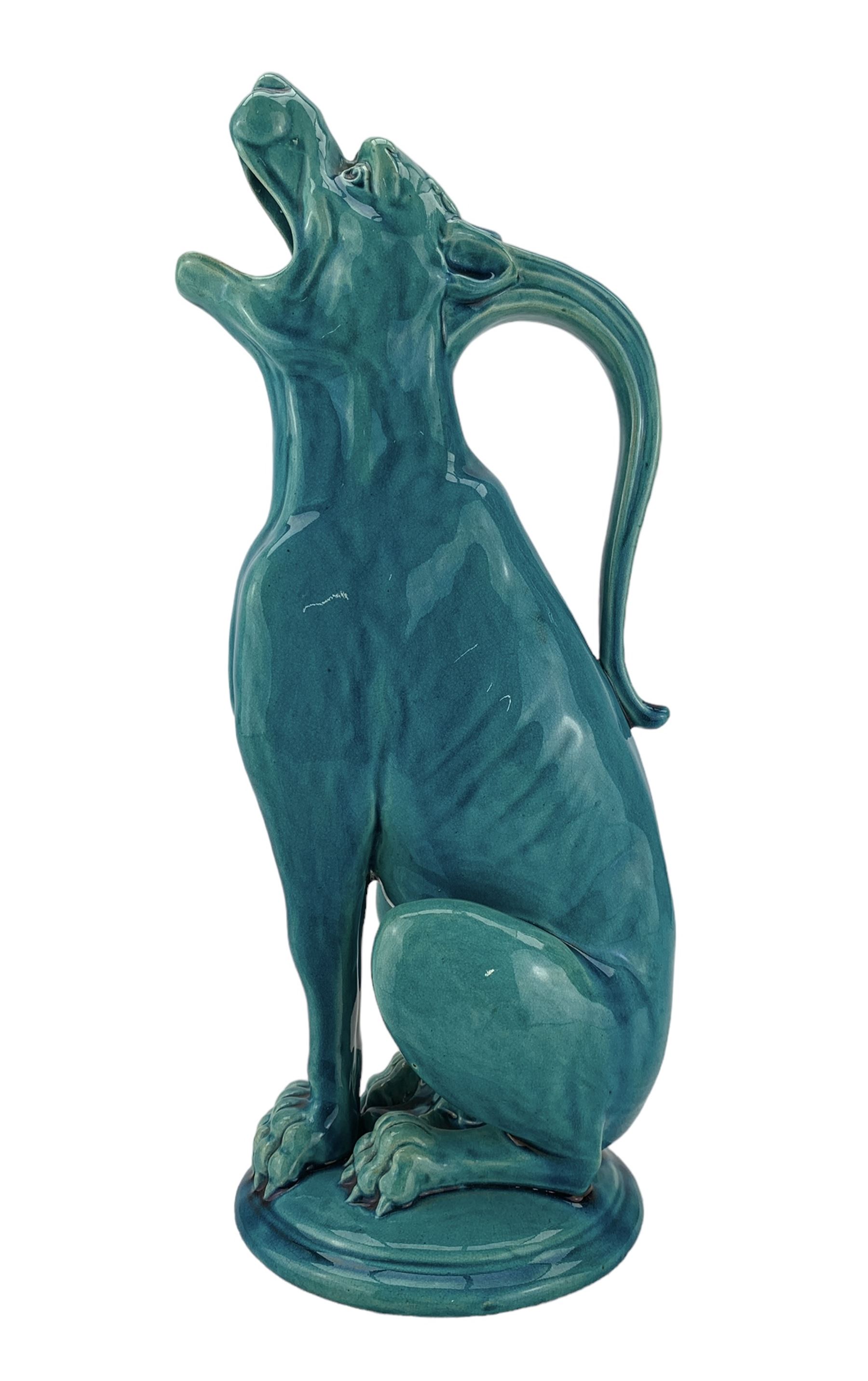 Burmantofts Faience turquoise-glaze ewer modelled as a grotesque hound