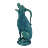 Burmantofts Faience turquoise-glaze ewer modelled as a grotesque hound