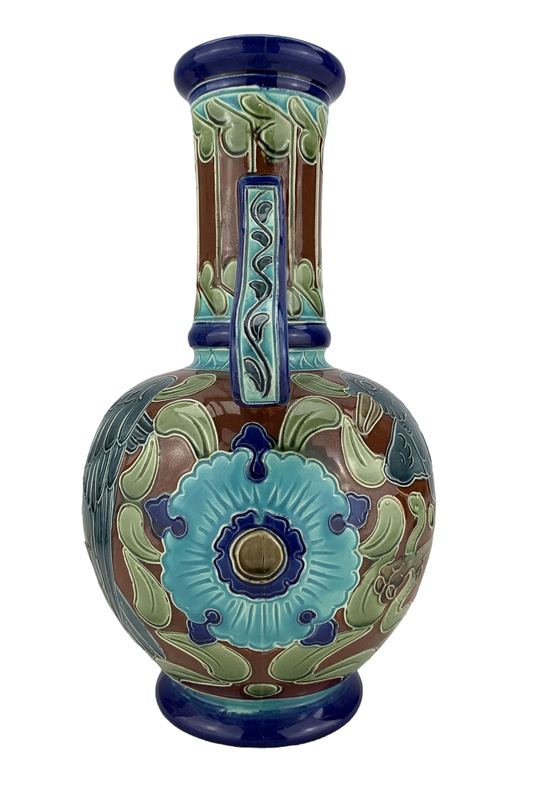 Burmantofts Faience partie-colour twin-handled vase - Image 4 of 6