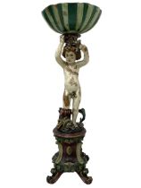 Italian design polychrome carved wood figure depicting Putto holding a shell aloft