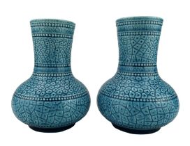 Pair of Burmantofts Faience turquoise-glaze vases